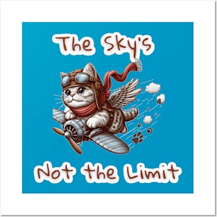 Sky Is Not The Limit - a gray cat flies wildly in the sky Posters and Art